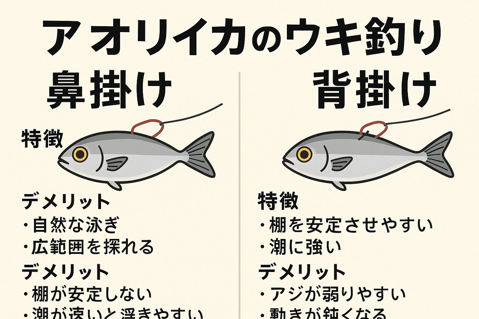 アオリイカうき釣り。鼻掛けは「自然な泳ぎと広範囲探索」に優れ、背掛けは「タナの安定と深場攻略」に強い。 潮の速さ・風の強さ・水深に応じて掛け方を使い分ければ、釣果は確実にアップする。釣太郎