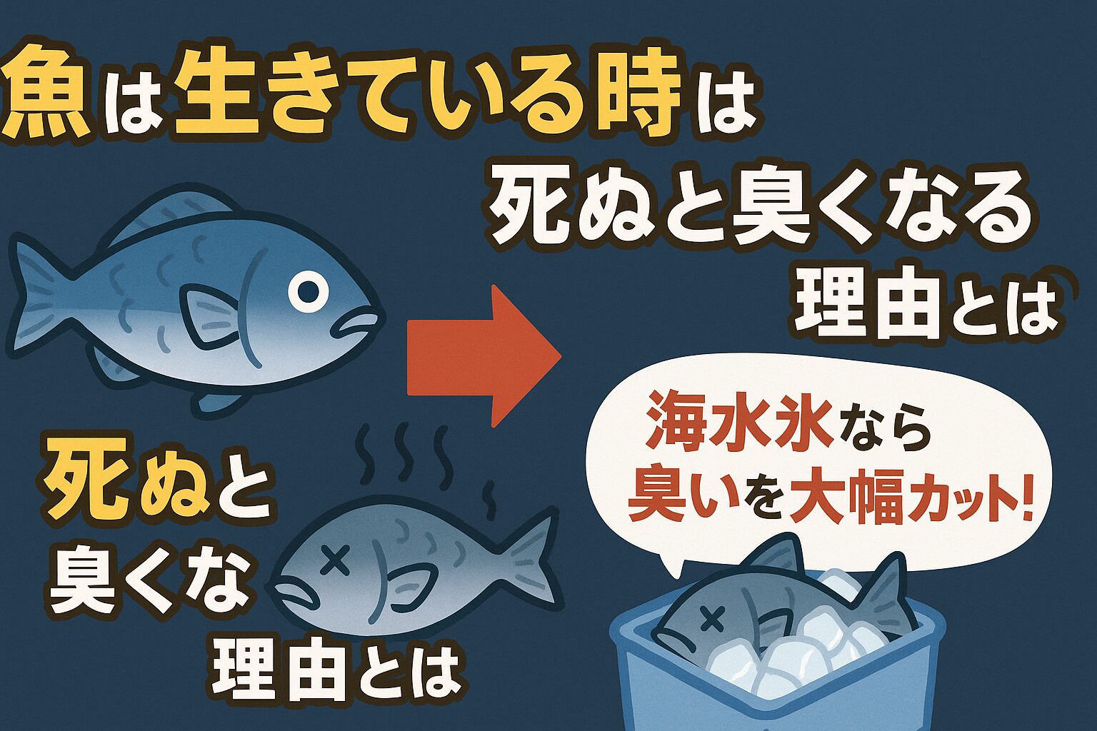 魚が生きている間は自己防衛機能と粘膜が働き、匂いを防いでいる。
死後は酵素や細菌が活性化し、アミンやアンモニア臭を発生させる。海水氷で保存すれば、臭いの発生を約70%抑えられ、鮮度・旨味・見た目も大幅に向上する。釣太郎
