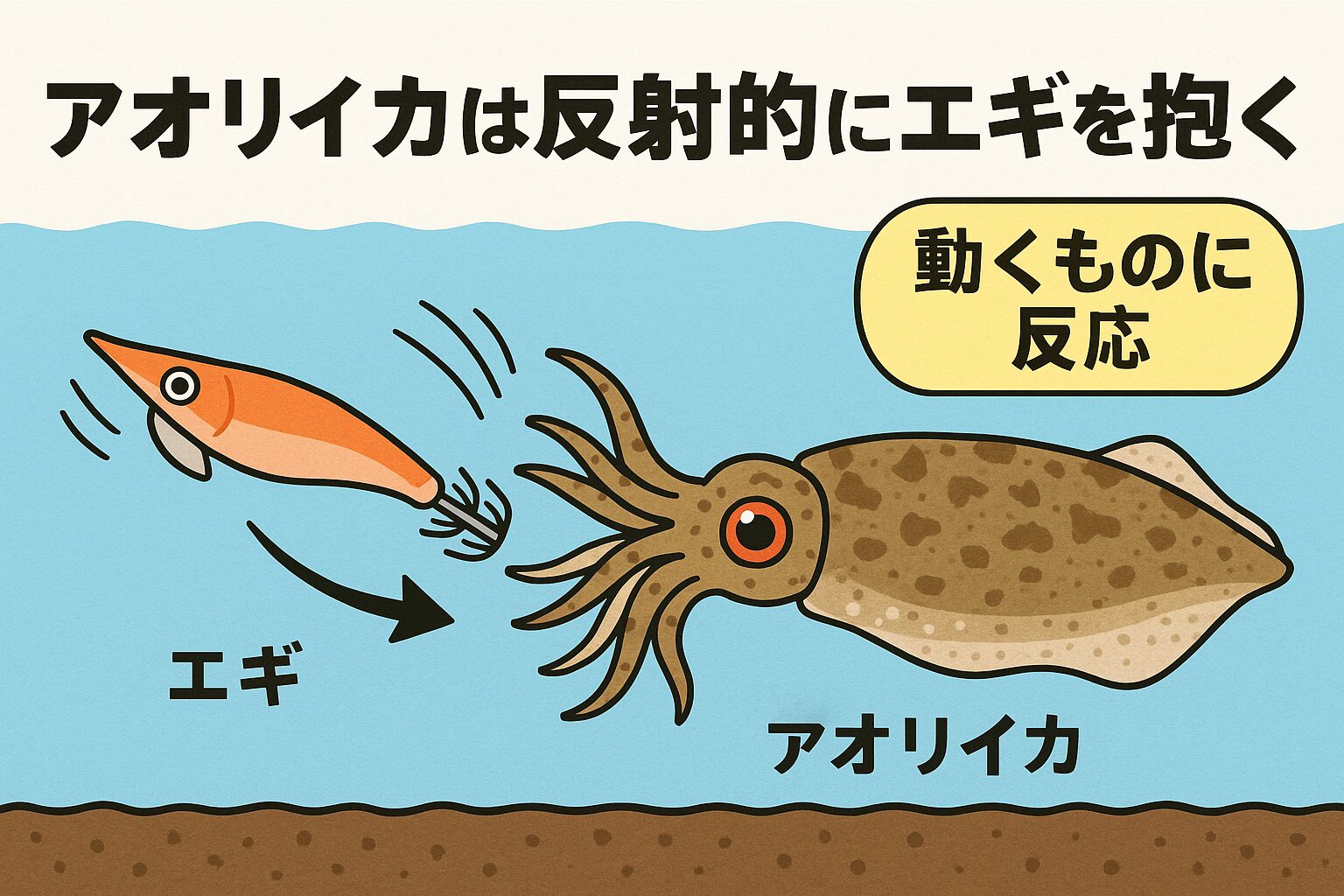 アオリイカは「エサと間違えて」エギを抱いているのではなく、
動きや反射光、波動などに反応して本能的に捕獲します。
その反射行動を理解すれば、エギングはもっと深く、もっと楽しくなります。釣太郎