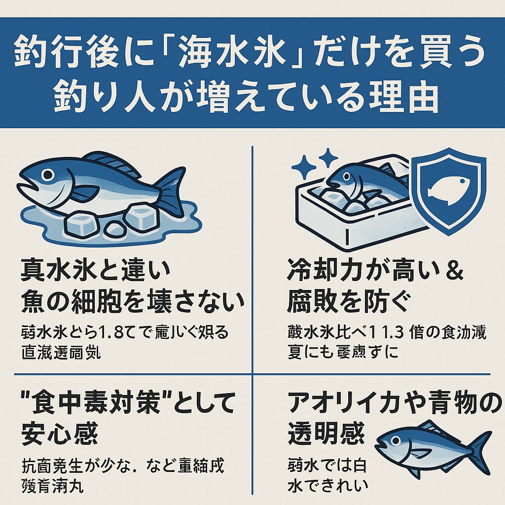 真水氷では細胞が壊れるが、海水氷なら透明感を維持できる。冷却力が高く、真夏でも腐敗を防げる。アオリイカや青物の美しさが違う。黒潮の海水を使用し、自然で安全。価格は1kg 200円、3kg 400円と手頃.釣太郎