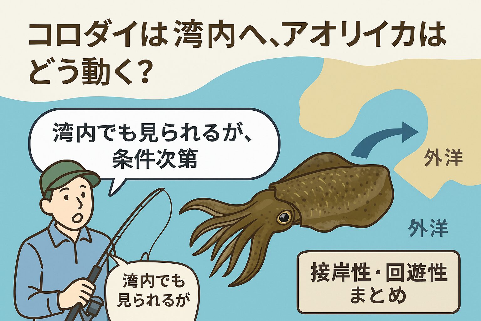 コロダイは比較的湾内・内湾域に入りやすい魚種ですが、アオリイカはそれとは異なる生態・移動特性を持っています。 アオリイカも条件次第で湾内／沿岸近くに入ることは十分あり得ます。釣太郎