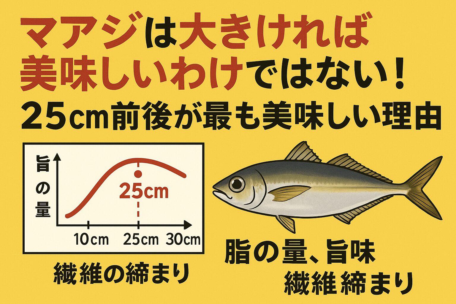 脂がのっていても、旨味や繊維の締まりが伴わなければ美味しさは半減します。 25cm前後の中アジこそ、釣り人が最も狙うべきサイズです。釣太郎
