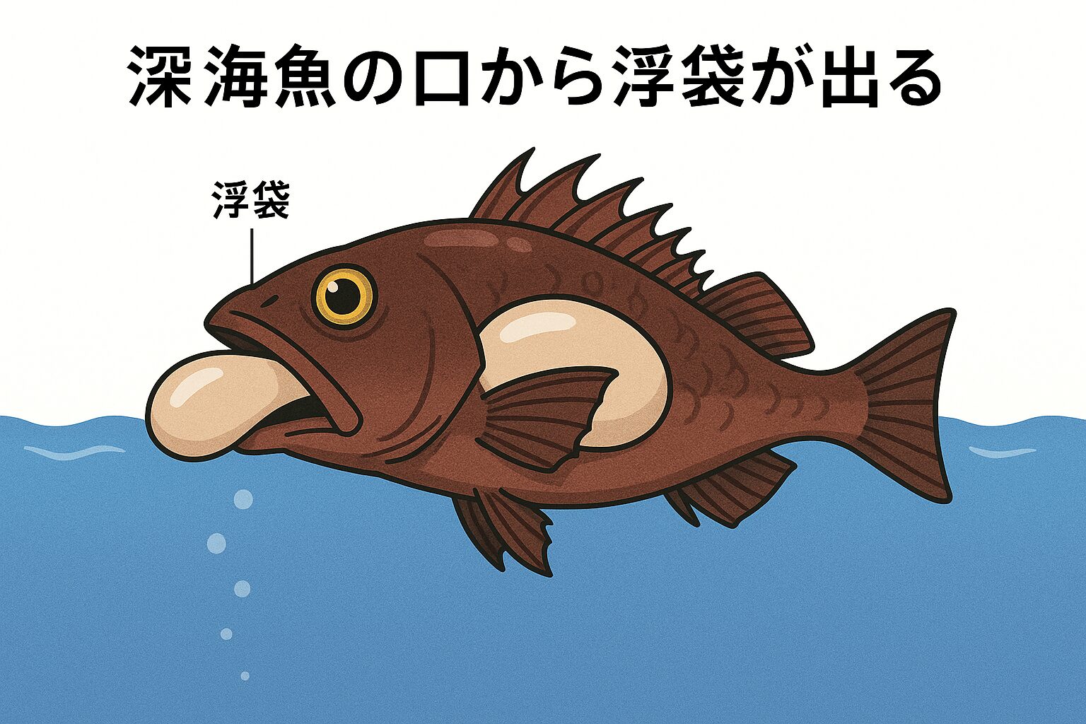 深海魚を釣った時、海上への急激な水圧低下により、浮袋内の気体が膨張し、口から飛び出す。釣太郎