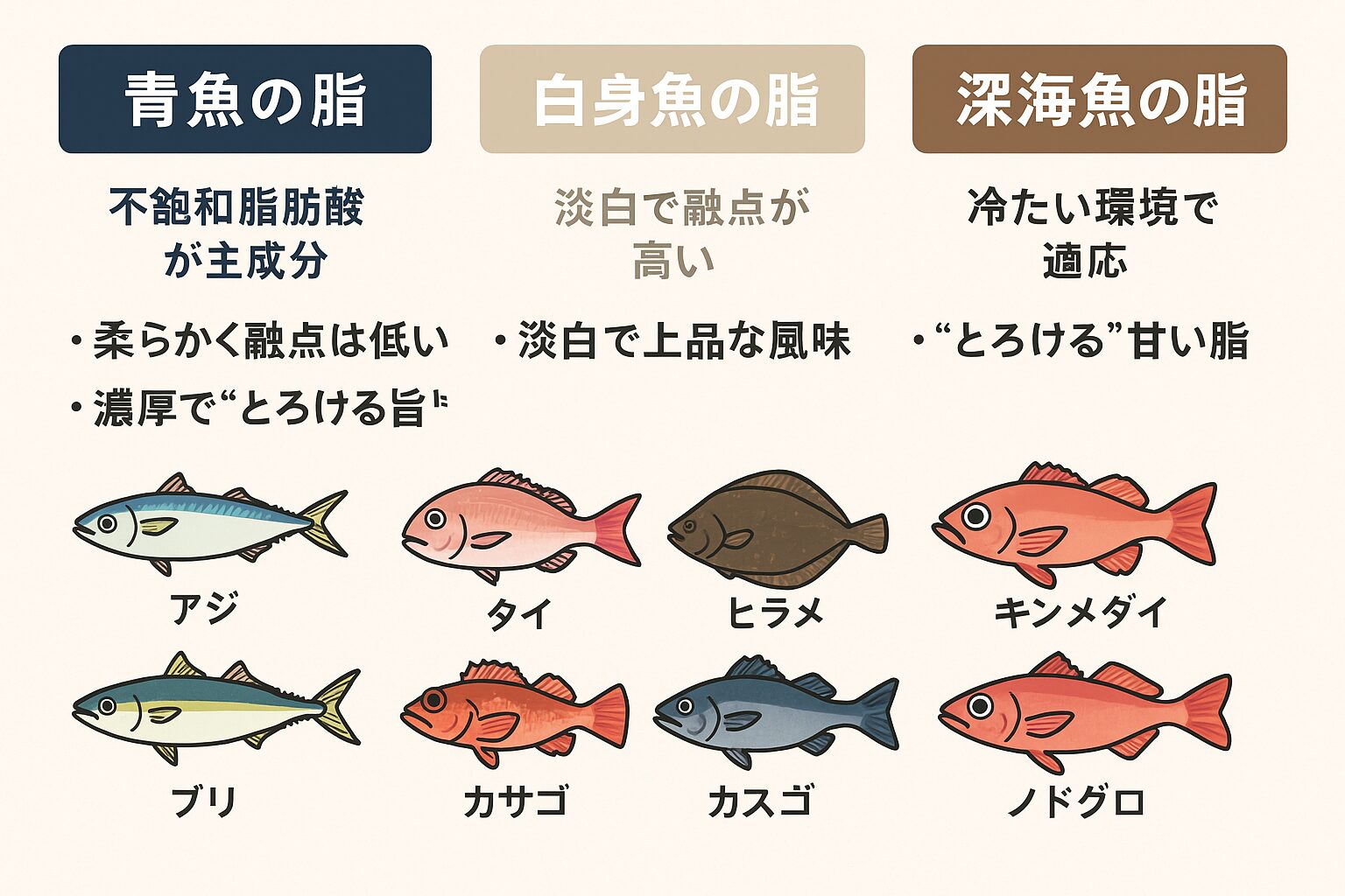 魚の脂は、ただの「こってり度」ではありません。それぞれの魚が生きた環境の違いが、脂の質と味に現れています。釣太郎