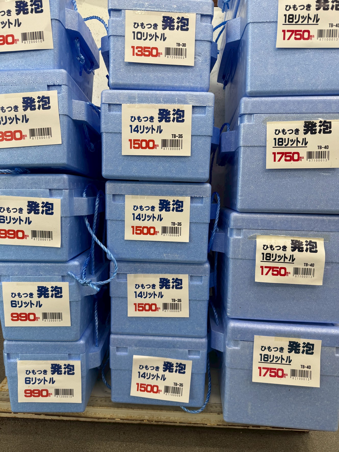 年間を通じてコンスタントに売れるひも付き発泡クーラーBOXは4サイズご用意しています。釣太郎