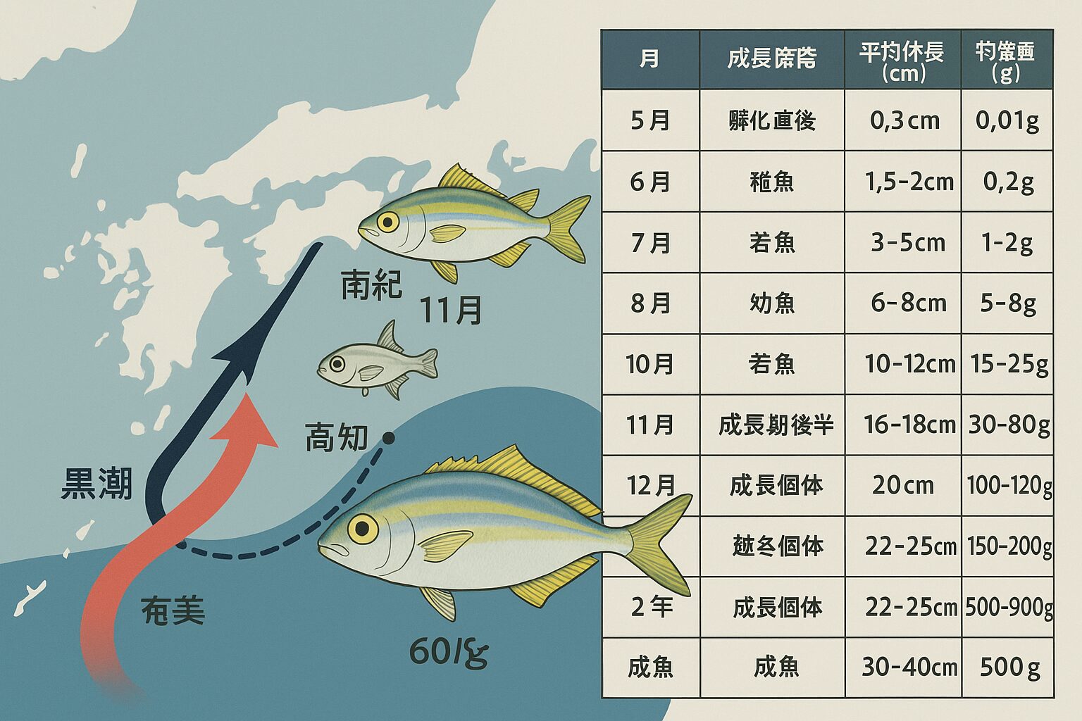 南紀で釣れているシマアジの仔魚は、5〜6月頃に孵化した個体。 ・11月現在の平均サイズは16〜18cm/60〜80g前後。釣太郎