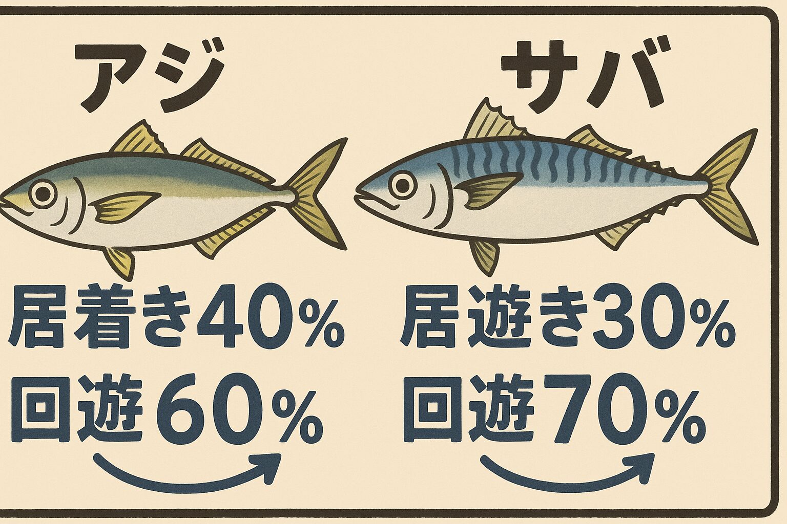 アジ＝居着き40％：回遊60％。サバ＝居着き30％：回遊70％。釣太郎