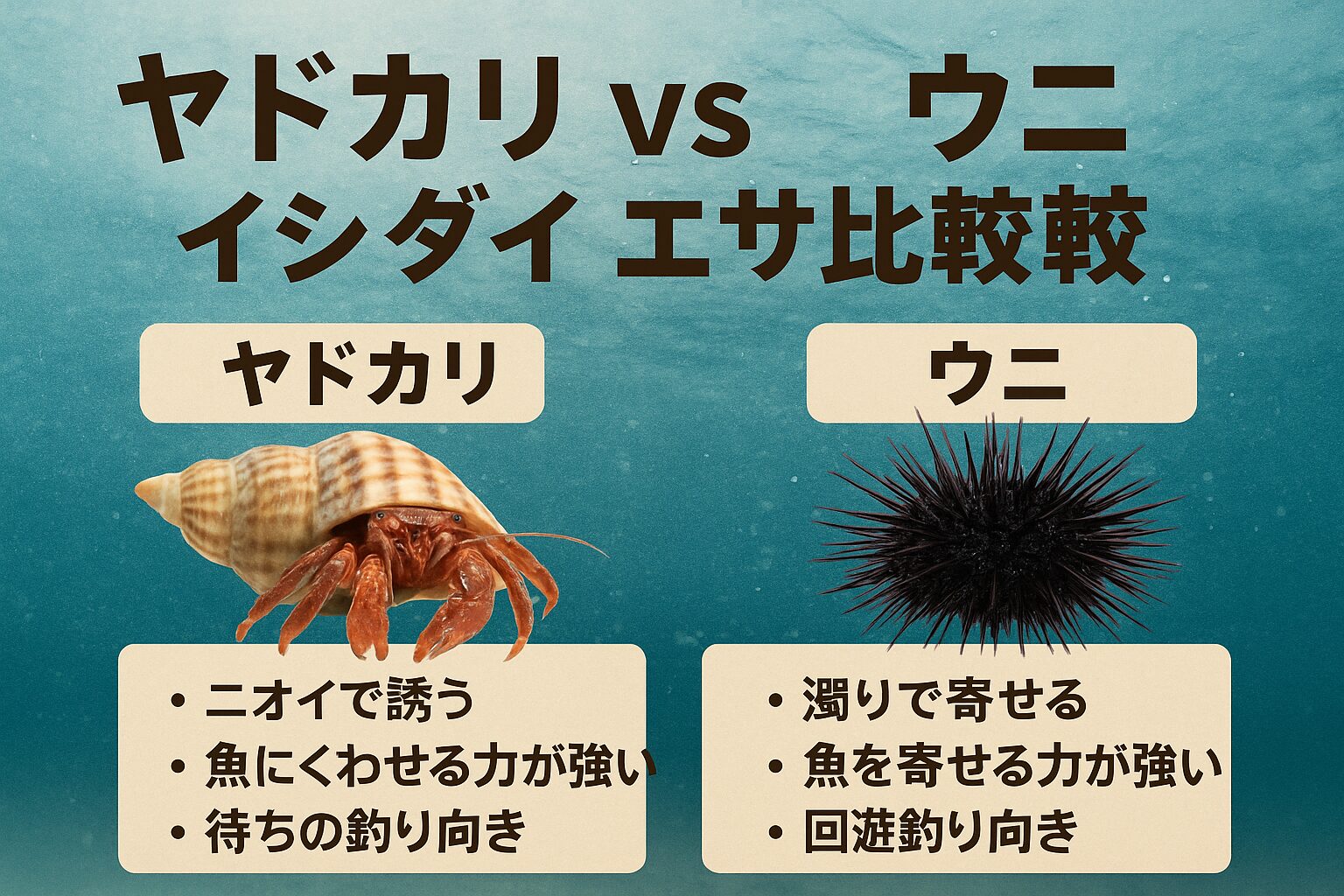 ヤドカリは 匂い・硬さ・栄養で石鯛の食性に完全一致✔ 石鯛が餌を見つける仕組み（嗅覚70％）と合致✔ しかし 入荷が難しく、釣具店では扱いにくい。釣太郎