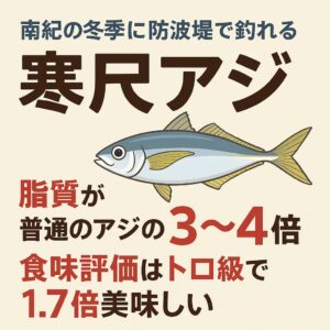 南紀冬季堤防産の寒尺アジは 脂質3〜4倍・食味1.7倍 ・味はマグロのトロ級 ・冬のみ接岸する「期間限定魚」釣太郎