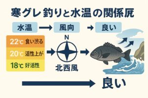 南紀の寒グレ釣りは 水温18〜20℃ × 北西風6〜8mが最強条件 ✔ 風がなければ食い渋る✔ サラシが出ると警戒心低下 → 大型接岸。釣太郎