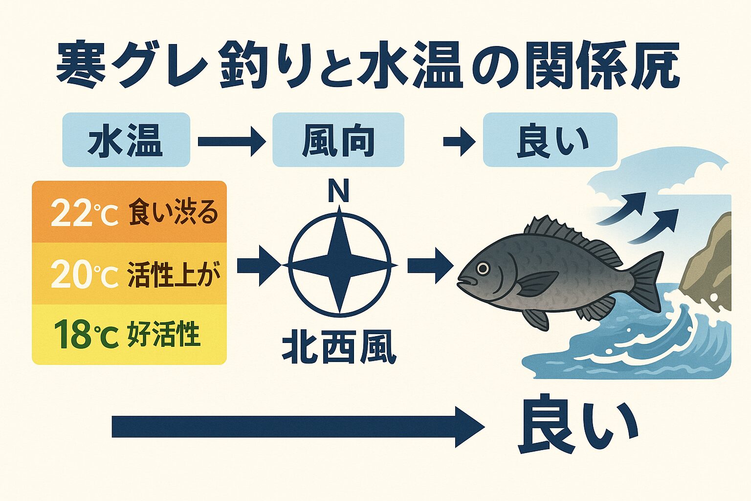 南紀の寒グレ釣りは 水温18〜20℃ × 北西風6〜8mが最強条件 ✔ 風がなければ食い渋る✔ サラシが出ると警戒心低下 → 大型接岸。釣太郎