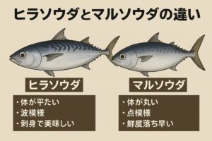 ヒラソウダ：身体が薄く平べったい（側面から見ると幅が狭い） マルソウダ：太く丸っこい（全体的に筒状） 「横幅が薄ければヒラソウダ」「丸太ならマルソウダ」釣太郎