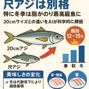 冬の南紀で釣れる尺アジは、アジの中でも最高級品 ✔ 同じ20㎝サイズでも、冬は春・秋より約15％美味しさアップ ✔ 30㎝級の寒尺アジは、中トロ級の脂質と旨味.釣太郎
