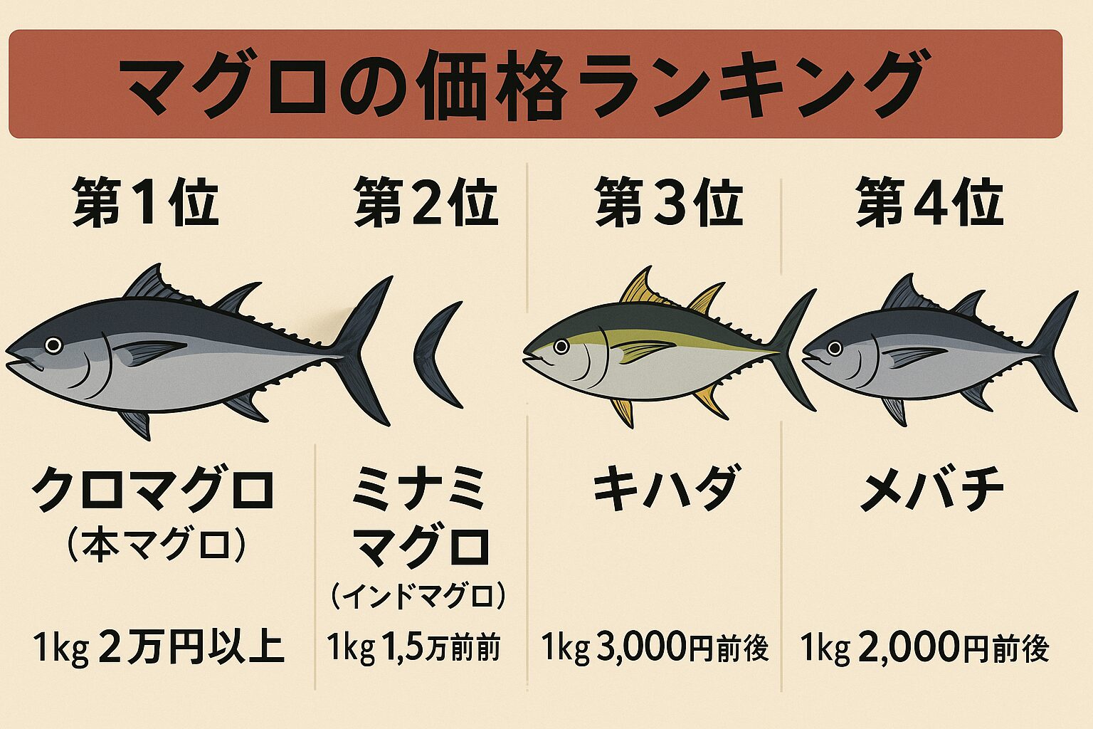 マグロ、ランキング。 1位：クロマグロ（本マグロ）世界最高級。脂・旨味・香りが別格。2位：ミナミマグロ（インドマグロ） 高級寿司店の定番。冷凍耐性が高く味も安定。3位：キハダ クセのない中堅クラス。家庭用にも人気。 4位：メバチ最も手に取りやすい価格帯で流通量が多い。釣太郎