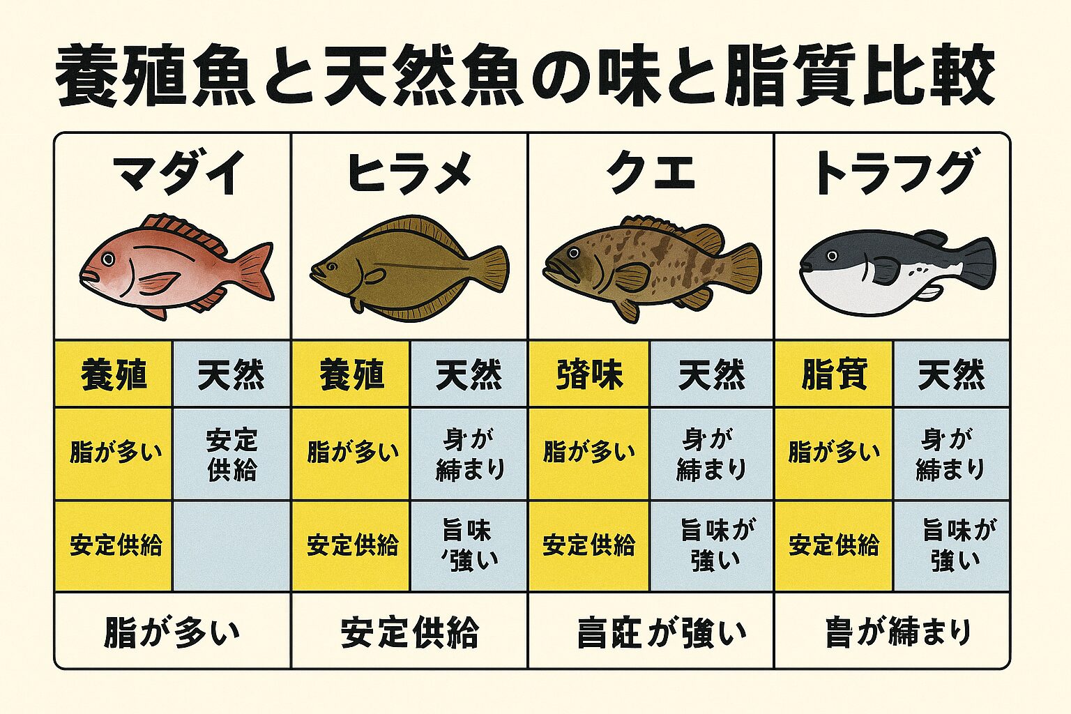 養殖と天然で一番味の差が出る魚は ヒラメとクエ。天然は身がしまっており、特に冬季は別格。 コスパが良いのは 養殖。マダイやヒラメは価格差が少なく、安定供給されます。釣太郎