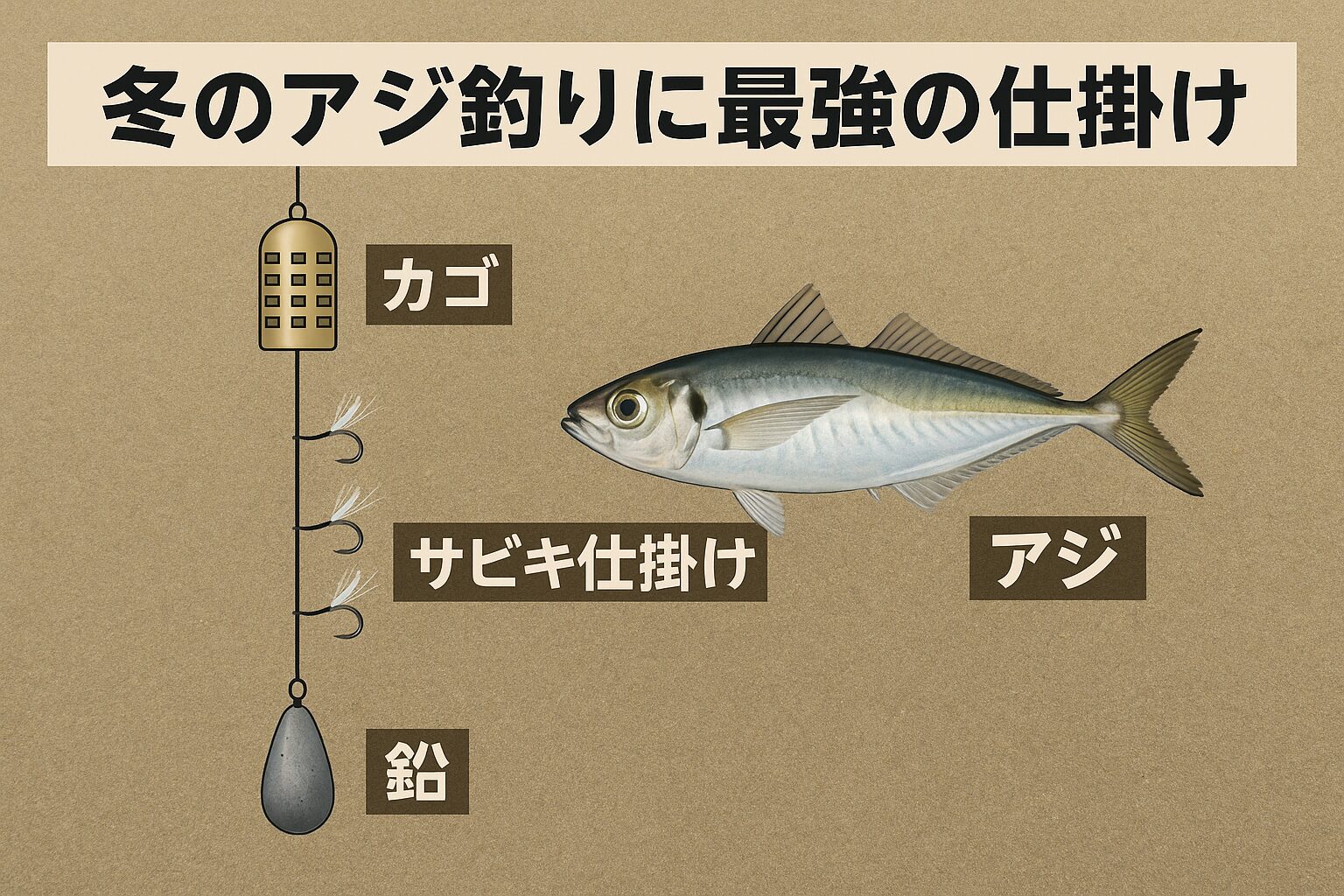 冬季のアジは脂乗り最高で、特に大型は絶品 ・南紀地方では12月〜桜が散る時期まで狙える・冬のアジは海底付近にいることが多く、キャスト必須 ・仕掛けは 下に鉛 → サビキ → 上にカゴ がベスト。釣太郎