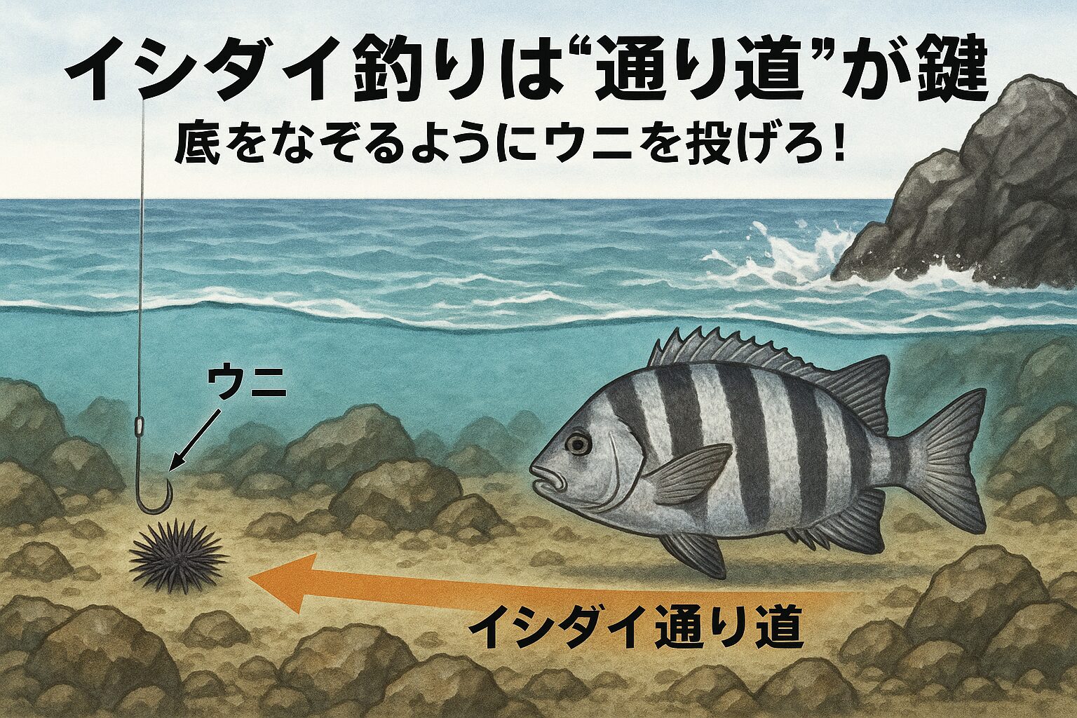 石鯛は 底から外れにくく、一定ルートを回遊する魚✔ 遠投より“足元のライン探り”が重要✔ ウニは 底に置くためのエサであり、撒きエサではない。釣太郎