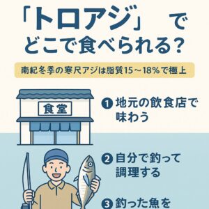 南紀で釣れる寒尺アジ（通称トロアジ）は、 ✔脂質15〜18％✔冬季限定のブランド級魚✔堤防から釣れる希少魚✔最も美味しく味わえるのは「自分で釣る→処理→翌日刺身」釣太郎