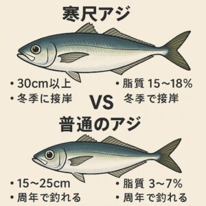 南紀では冬になると、30cmオーバーの寒尺アジが堤防で狙える。 脂質含有率は15〜18％で、マグロのトロ級の味わい。釣太郎