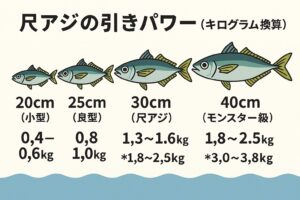 尺アジの引きは「青物級」。30cmで1.5kg・35cmで約2.5kg40cmで3kg以上。冬季の南紀ではこれが堤防から釣れるため、全国でも非常に貴重。釣太郎
