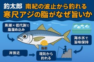 南紀の寒尺アジが異常に旨い理由は、「黒潮の栄養」「冬季低代謝による脂蓄積」「接岸しやすい地形」 「産卵準備で脂増加」釣太郎