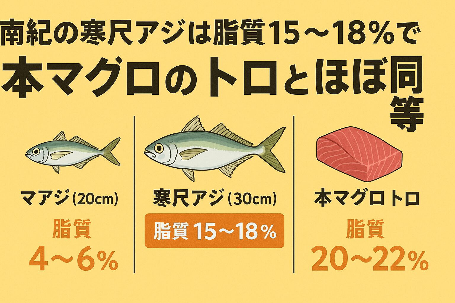 南紀の寒尺アジは脂質15〜18％で本マグロのトロとほぼ同等。 ・全国でもほぼ唯一、堤防から初心者でも狙える高級魚。美味しい時期は12〜2月で、脂乗りのピークは30cm級。釣太郎