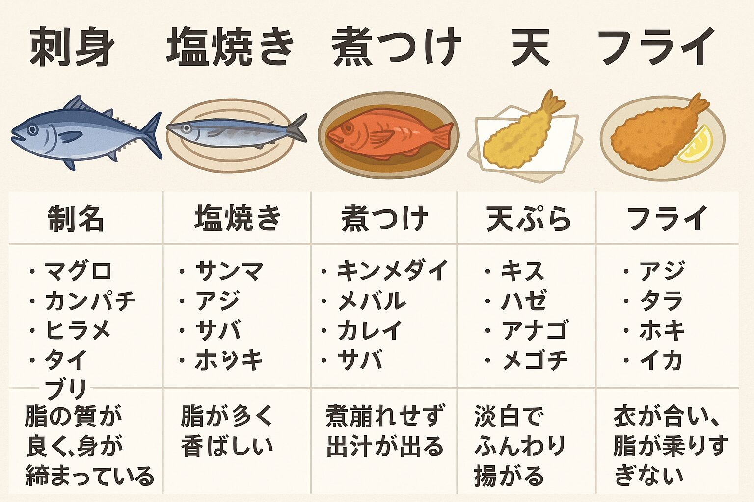 魚料理の美味しさは「魚の個性 × 調理法」で決まる。刺身は脂と締まりのバランス・塩焼きは香ばしさと脂の質・煮つけは骨や皮からの出汁・天ぷらは淡白さと揚げたときの軽さ・フライは衣との相性。釣太郎