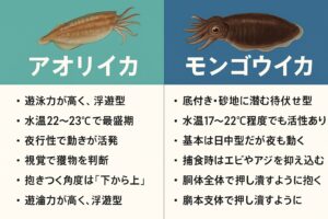 アオリイカ狙いでモンゴウイカが釣れる理由は、 生息域・食性・捕食ターゲットが共通 ● 水温が下がるとモンゴウイカが活性化 ● アオリイカ狙いの底攻めがモンゴウイカに最適。釣太郎
