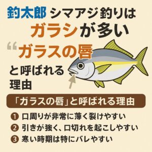 シマアジは口が薄く裂けやすい構造だが、 アワセず、ドラグ弱め、細軸鈎＋しなやかな竿で確率が大幅に改善されます。釣太郎