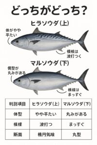 ヒラソウダ・体がやや平たく細長い・側線（よこすじ）が波打つようにクネクネしている.マルソウダ体型がやや丸みを帯び、太い。模様が比較的まっすぐで規則的・波打ち具合は少なく直線的に流れる傾向.釣太郎