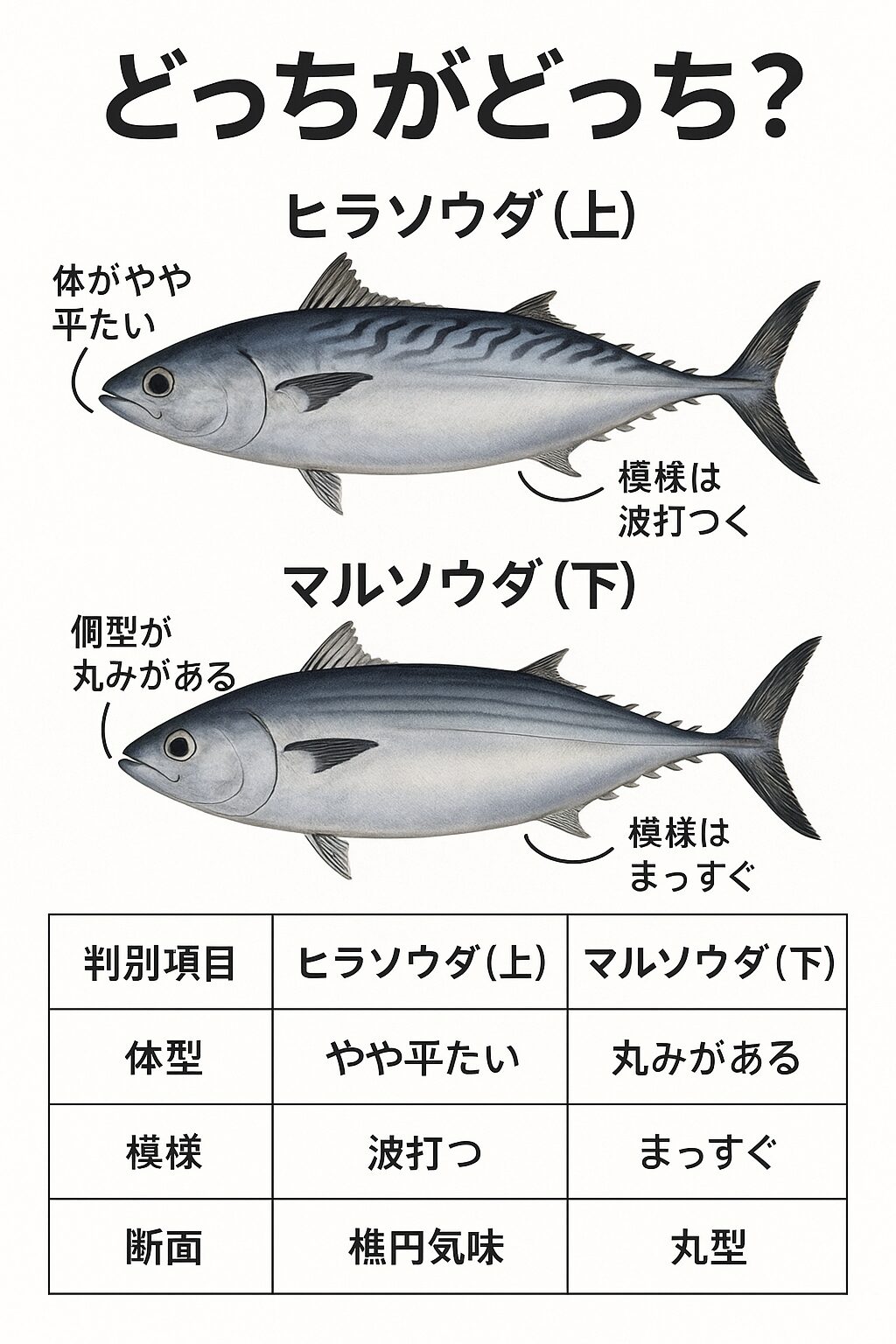 ヒラソウダ・体がやや平たく細長い・側線（よこすじ）が波打つようにクネクネしている.マルソウダ体型がやや丸みを帯び、太い。模様が比較的まっすぐで規則的・波打ち具合は少なく直線的に流れる傾向.釣太郎