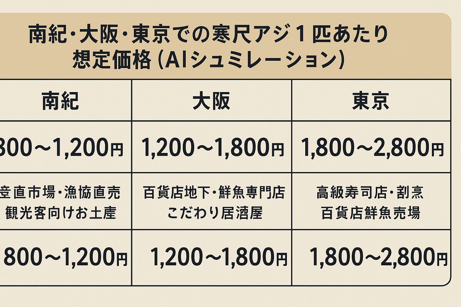 寒尺アジ（南紀トロアジ）は、もし流通すればブランドアジ級の価格になる。AIシミュレーションでは現地800〜1,200円大阪1,200〜1,800円東京1,800〜2,800円／匹というレンジに。釣太郎 ・実際にはほぼ市場に出ず、スーパーで買うのはほぼ不可能。釣太郎