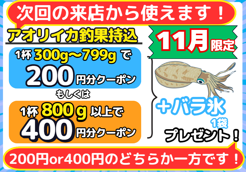 アオリイカ持ち込み釣果キャンペーン開催中!11月限定でクーポン&バラ氷プレゼント。釣太郎