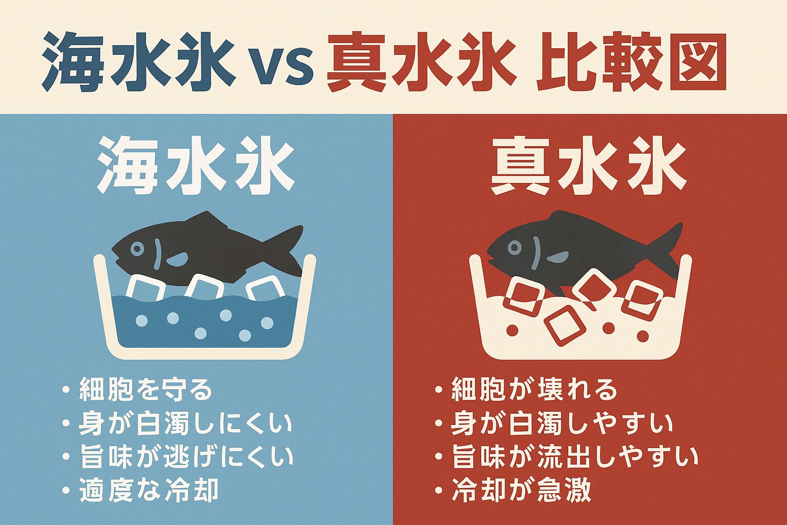 海水氷は「冷却用」ではなく「保存専用ツール」と言っても過言ではありません。 真水との浸透圧差を回避し、細胞破壊を防ぐことで 旨味・脂質・筋繊維・透明感を守り、最高の食味を維持できる。釣太郎