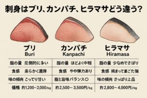 ブリ：冬限定なら最強。脂たっぷりで濃厚。カンパチ：バランス優秀。刺身万人向け。ヒラマサ：通好み。夏の刺身で真価発揮。価格は ブリ＜カンパチ＜ヒラマサ の順で高級。釣太郎