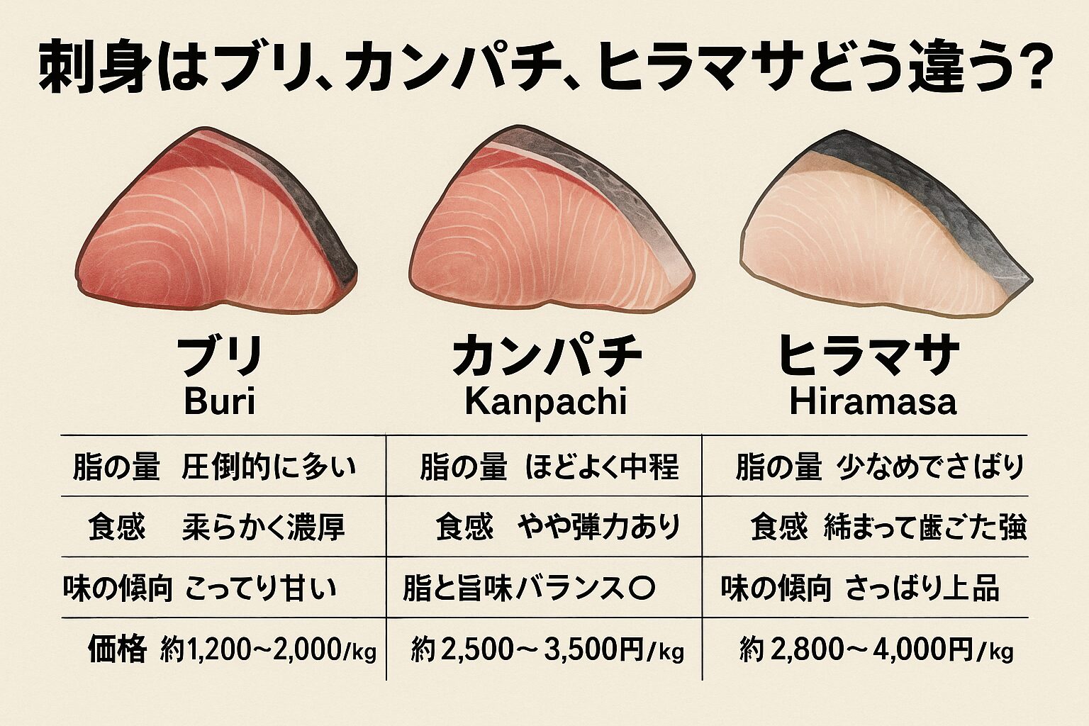 ブリ：冬限定なら最強。脂たっぷりで濃厚。カンパチ：バランス優秀。刺身万人向け。ヒラマサ：通好み。夏の刺身で真価発揮。価格は ブリ＜カンパチ＜ヒラマサ の順で高級。釣太郎