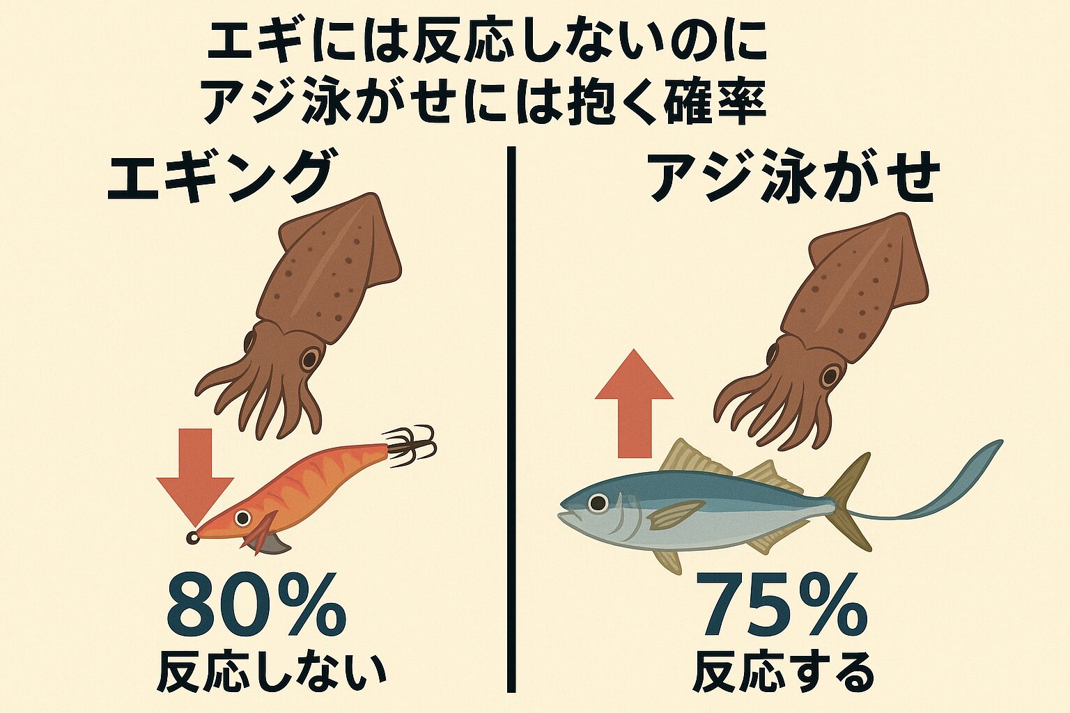 活性が低い時はアジ泳がせが圧倒的に強い
・活性が高く攻撃的な時はエギの方が強い
・アオリイカは捕食モードが「静/動」で変化・釣果を上げるには両方の釣法を組み合わせるのが最適。釣太郎