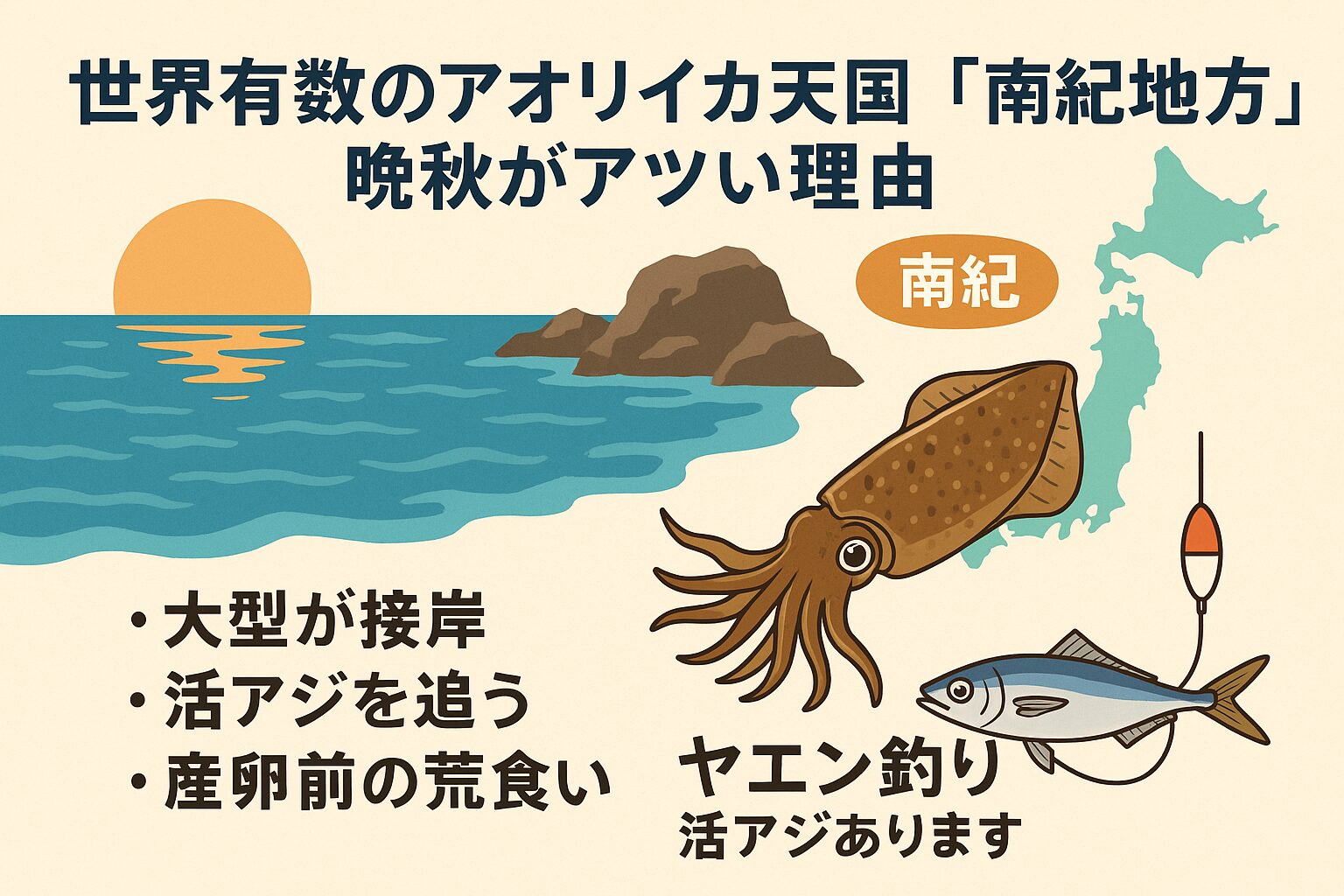 南紀地方は世界的アオリイカ実績場・晩秋は「荒食いシーズン」で特大型狙いに最適・水温低下前後は捕食強化 ・活アジ使用が最重要（疑似餌より圧倒的優勢）釣太郎