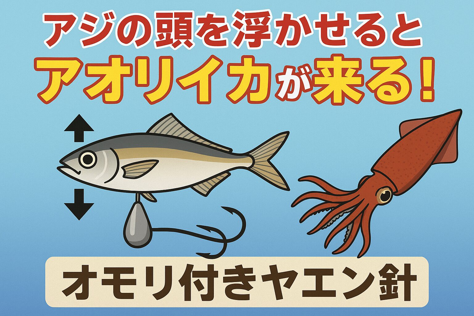 アオリイカは「頭の浮いた小魚＝弱った獲物」と判断して追撃します。釣太郎オリジナル「オモリ付きヤエン針」