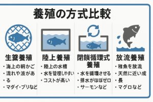 養殖＝種苗＋環境管理＋育成技術・養殖方式は５種類（生簀、陸上、循環式、放流型、淡水） ・餌・水質・病気対策・設備管理が成功の鍵。釣太郎