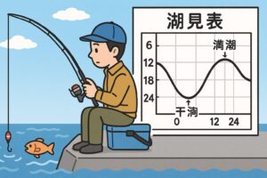 「何時に行けばいいの？」釣りに行く日の潮見表。「満潮」の時間を確認する。その前後2時間（計4時間）を集中して釣る。釣太郎