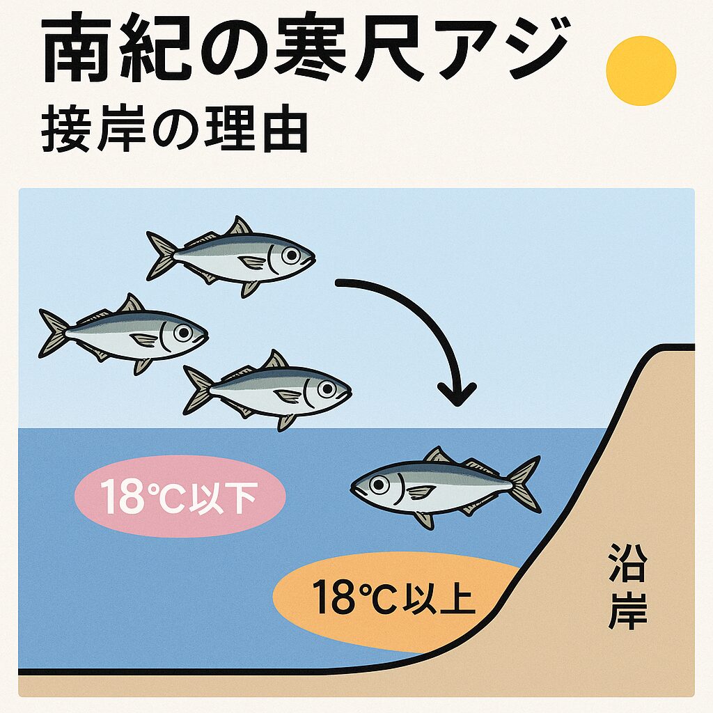 南紀で寒尺アジが堤防に接岸する理由は以下の通り。 黒潮により沿岸水温が18℃以上を維持✔ 沖が冷えると温かい沿岸に入り込む✔ 冬季代謝低下で沿岸で安定した餌を求める✔ 水深がある堤防が多く接岸しやすい.釣太郎