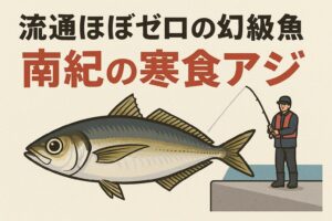 南紀の冬季に防波堤で釣れる寒尺アジは、脂質が普通のアジの3〜4倍・食味評価はトロ級で 1.7倍美味しい とされる・市場流通はほぼなく、釣り人しか口にできない幻の魚。釣太郎