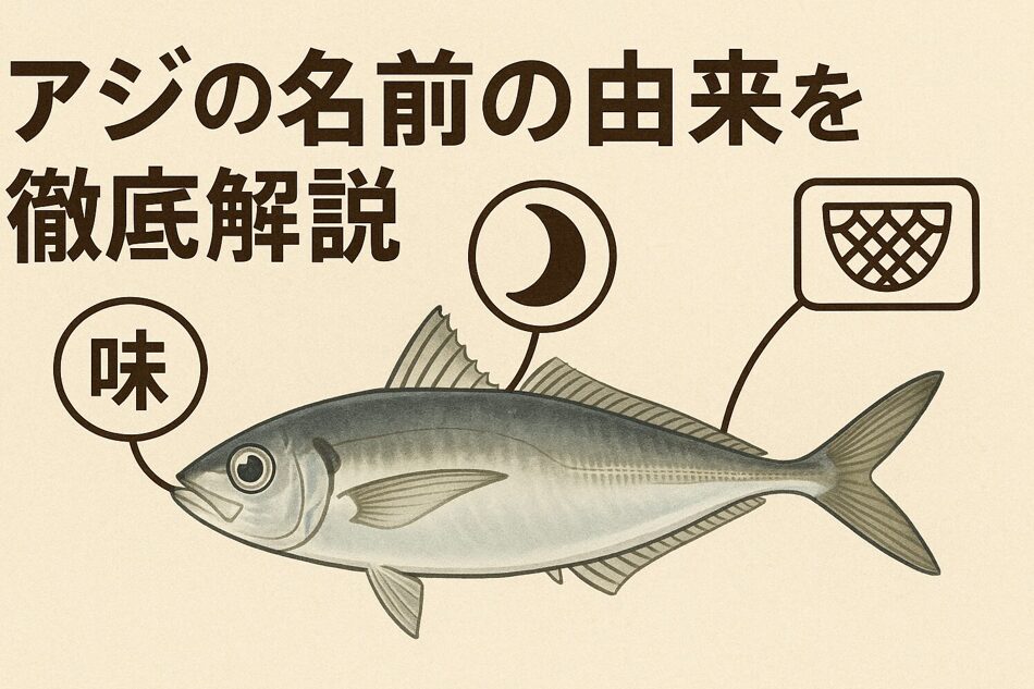 アジの名前の由来は、「味（アジ）に優れている」説。「味（月の満ち欠け）説」・「網地（アジ）説」「“あじろ”＝網代（漁網設置場所）説」釣太郎