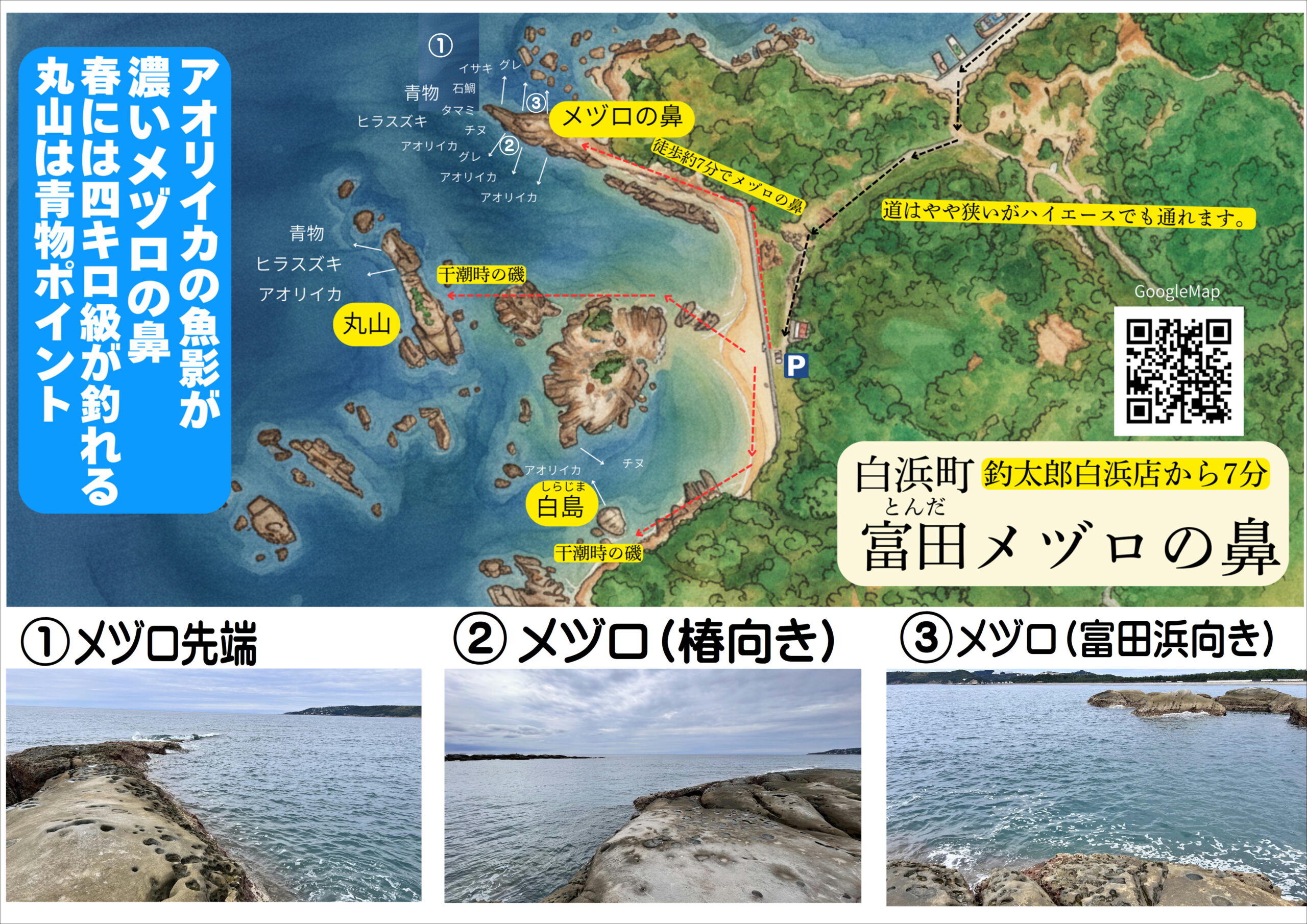 和歌山白浜町富田（とんだ）地磯メヅロ釣り場マップ。アオリイカ釣り場紹介。釣太郎
