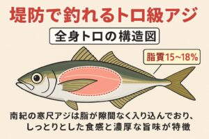 南紀で冬季に釣れる寒尺アジは、全身トロ級の脂質（15〜18％）を持つ幻の超激旨魚。 しかも船ではなく堤防からサビキ仕掛けで初心者でも狙える。釣太郎