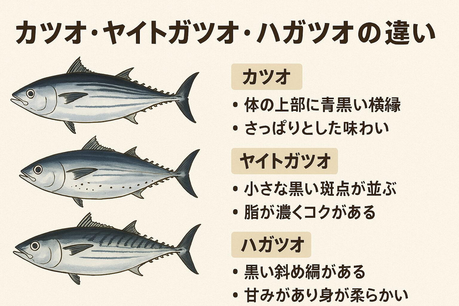 カツオは回遊性・スピード重視、ヤイトガツオは脂の旨味、ハガツオは甘みと柔らかさ。釣太郎