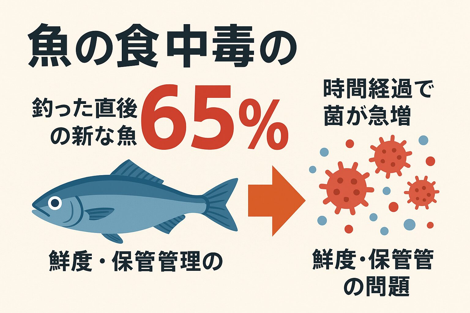 魚の食中毒は、運や魚の種類だけでなく、人の管理によって左右される割合が圧倒的に多いのが現実です。 特に鮮度と保管管理の不備が原因のケースは約65％。釣太郎