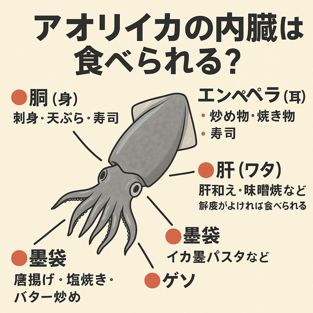 アオリイカの身:甘みと弾力で刺身に最適。
エンペラ:歯ごたえが楽しい焼き物向き。ゲソ:香ばしさが魅力、塩焼き・唐揚げ最高
。肝:釣り人の特権、濃厚な旨味。墨袋:パスタに。釣太郎