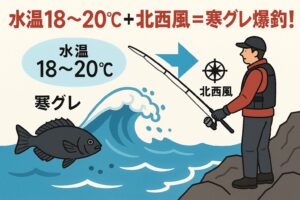 南紀の寒グレ釣りは、「水温18℃〜20℃」と「北西風」。釣太郎